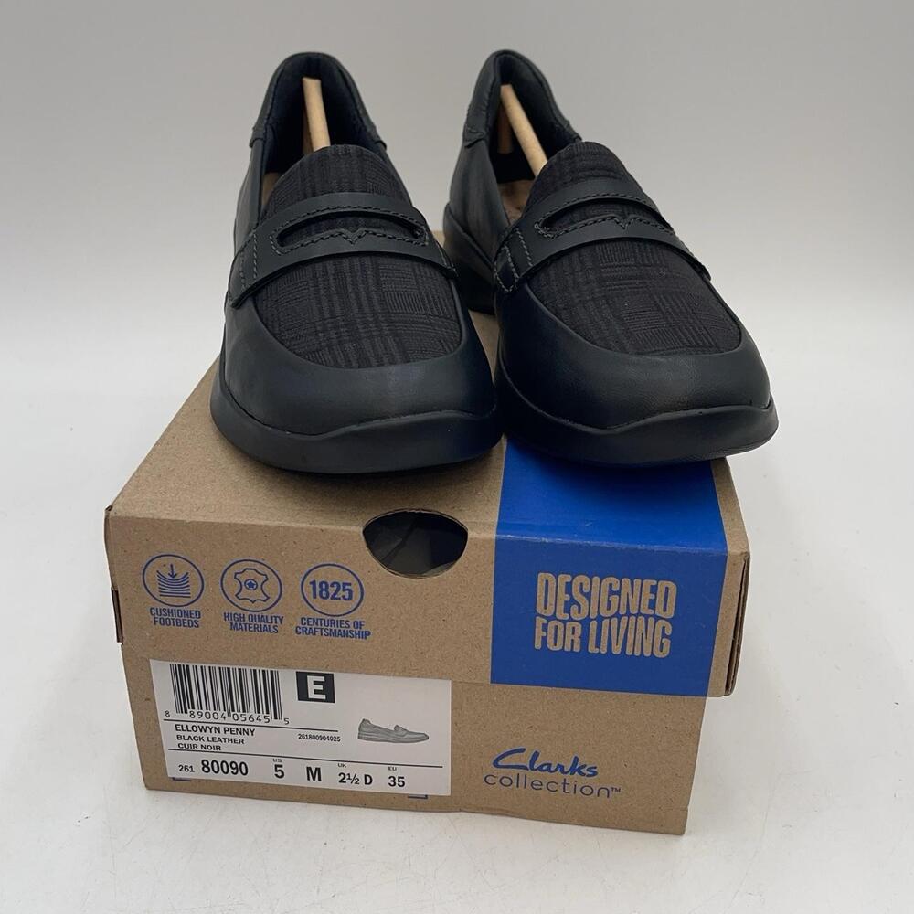 Clarks Ellowyn Penny Shoes Womens Black Leather Loafer Slip On Comfort Size 5 M